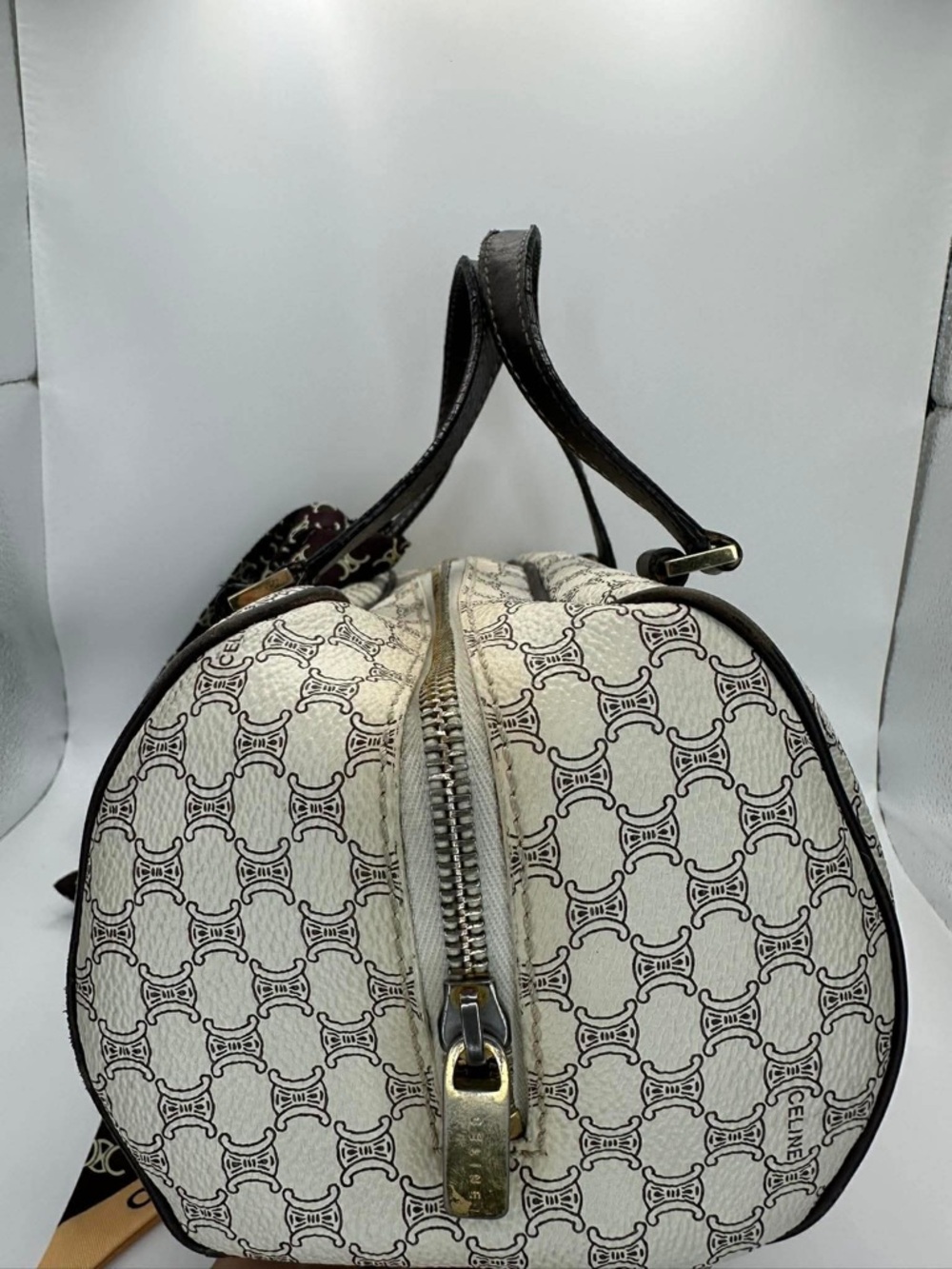 Celine Cream and Brown Monogram Top Handle Bag with Branded Scarf - Picture 3 of 13